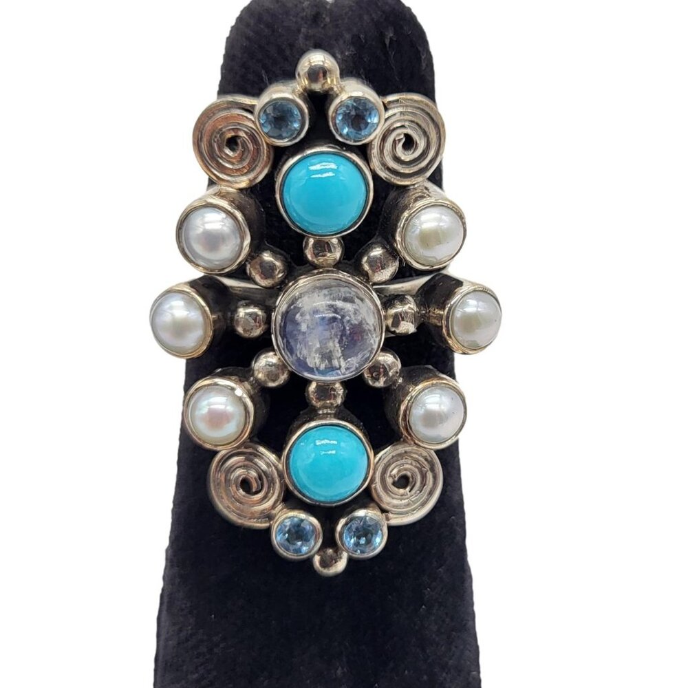 Nicky Butler Sz 7.5 Turquoise Gems Pearl Scroll Ring .925 Sterling Silver Size